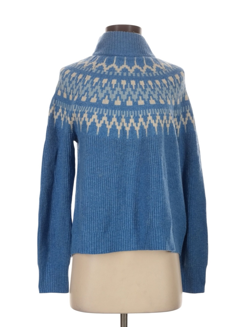 J. Crew Fair Isle Mockneck Pullover Sweater S Blue White Lambs Wool Winter NWT